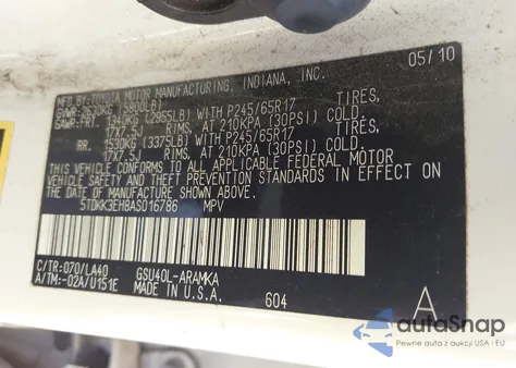 2010 Toyota Highlander Se V6 из США, поврежденный, VIN 5TDKK3EH8AS016786